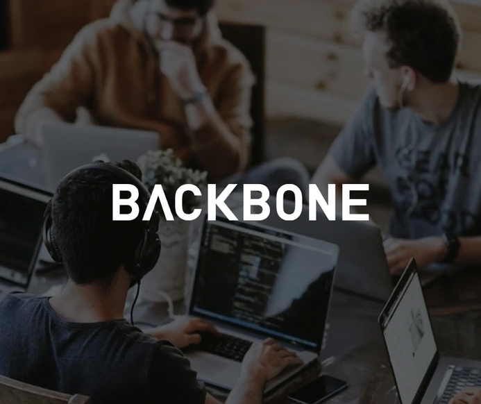 Photograph of a developer's team of three men working on their laptops with the Backbone's logo on top