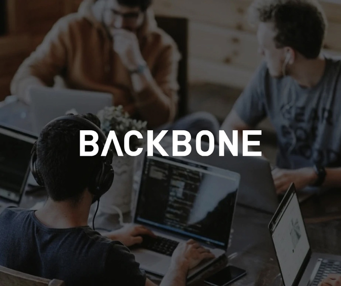 BACKBONE Athens Photograph of a developer's team of three men working on their laptops with the Backbone's logo on top