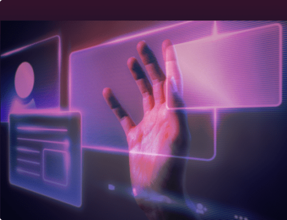 Photograph of a man's hand touching holographic screens with a purple filter