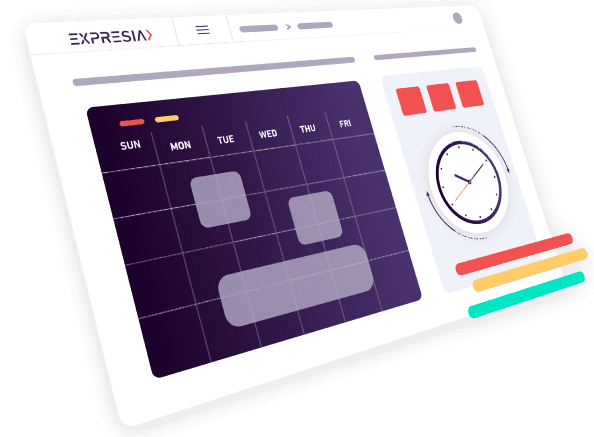 Global support available 24/7 Vector illustation of Expresia's platform with a clock