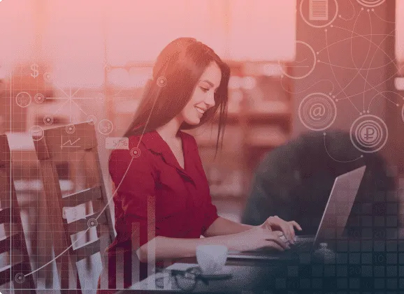 Achieve single-buyer journey freedom Photograph of a woman's profile wearing a red shirt sitting on a desk working on a laptop with a network media illustrations around
