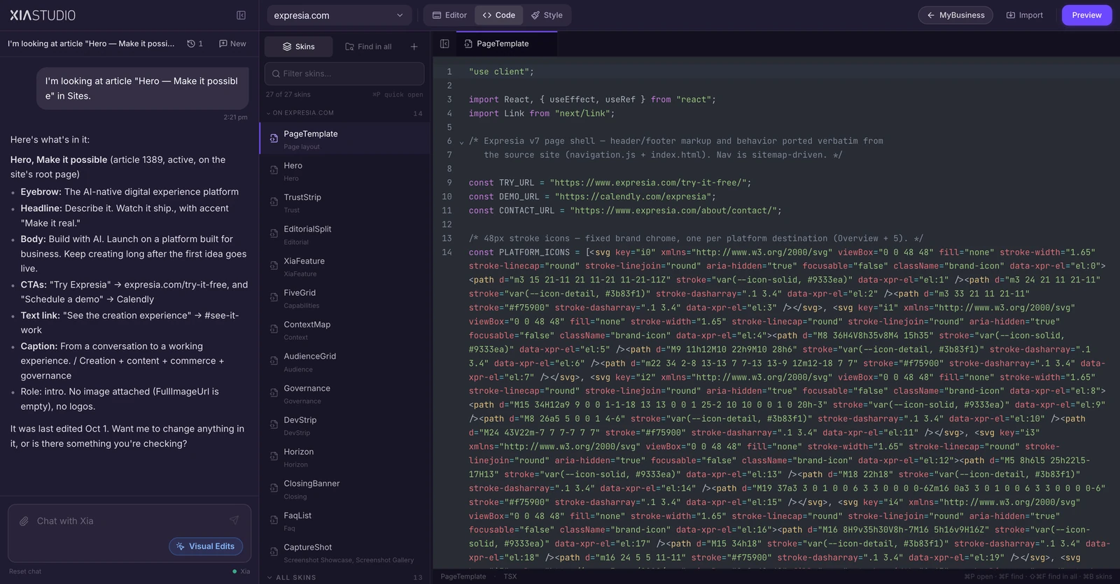 Xia Studio code view with Xia.