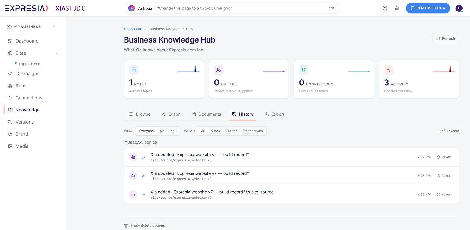 Xia Studio Business Knowledge Hub with change history.