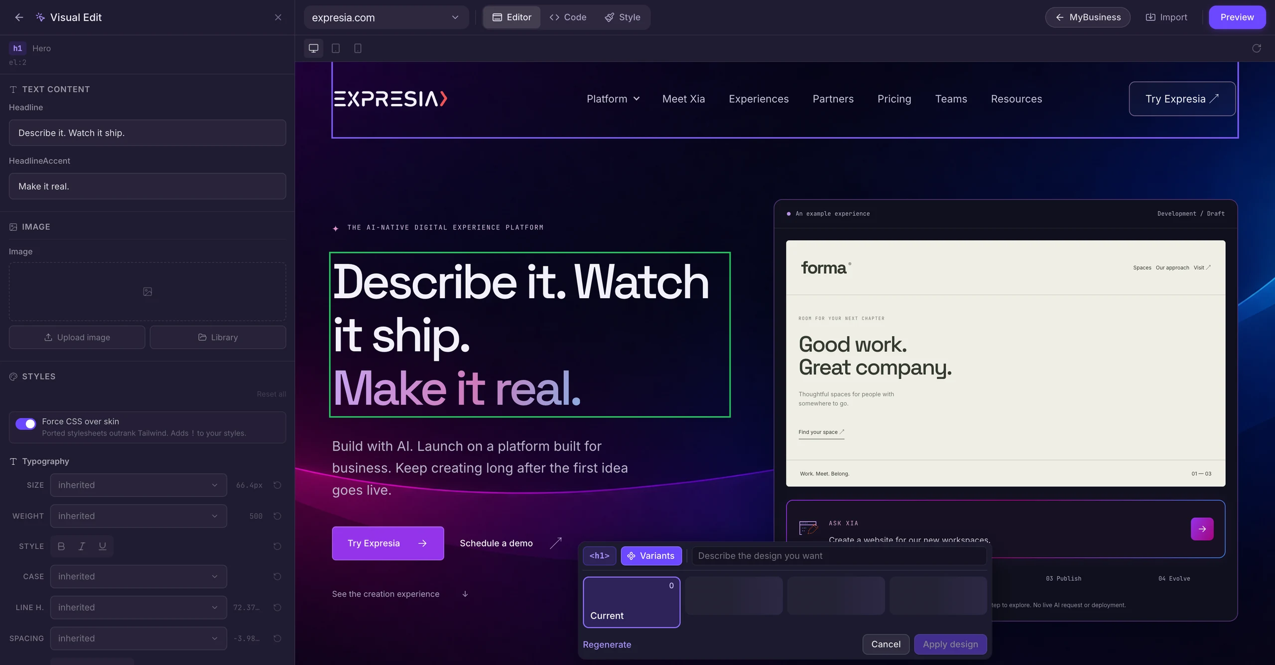Xia Studio visual editor with design variants.