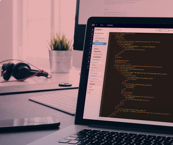 You Don’t Need To Be A Web Professional To Harness The Benefits Of Expresia Expresia's back-end displaying on a laptop with a computer behind of it with a pink and blue filter